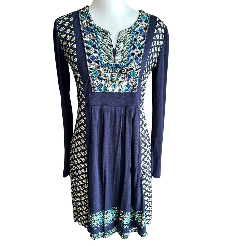 Freeway Dress L Blue Long Sleeve Boho Print Embellished Knit Casual